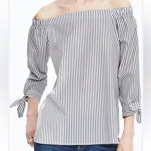 Banana Republic Off The Shoulder Black and White Tie Front 3/4 Sleeve Blouse